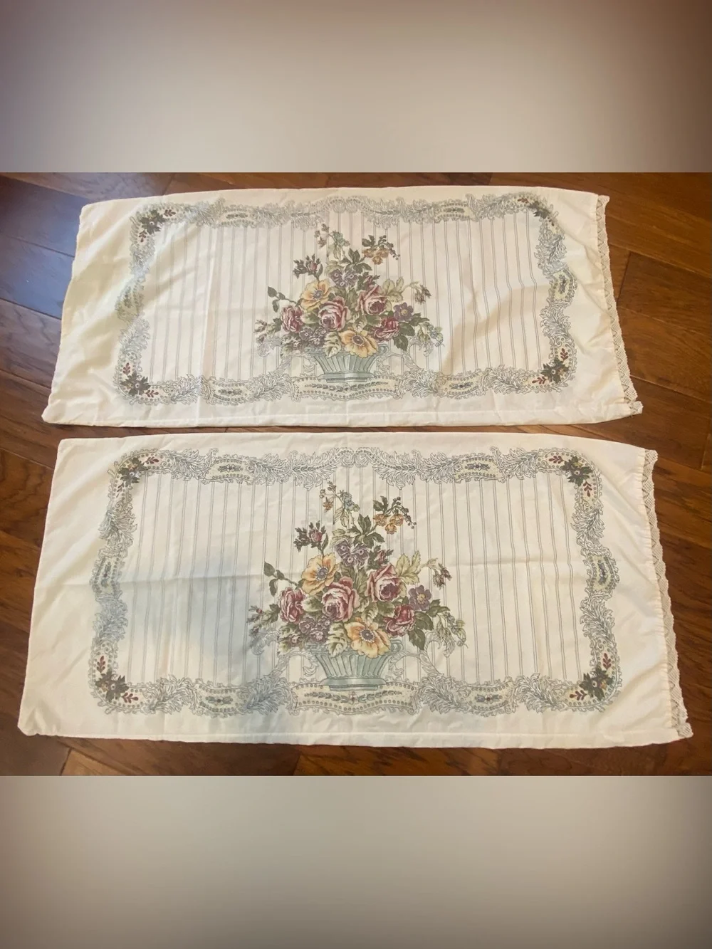 Vintage Set of King Louis Nichole pillowcases floral urn design & lace trim